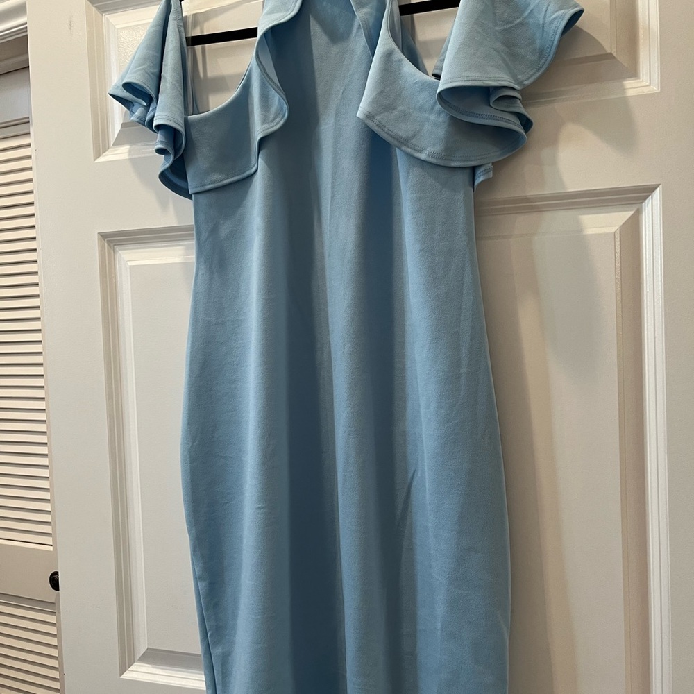 Elegant Blue Mock Neck Ruffle Trim Fitted Maternity Dress